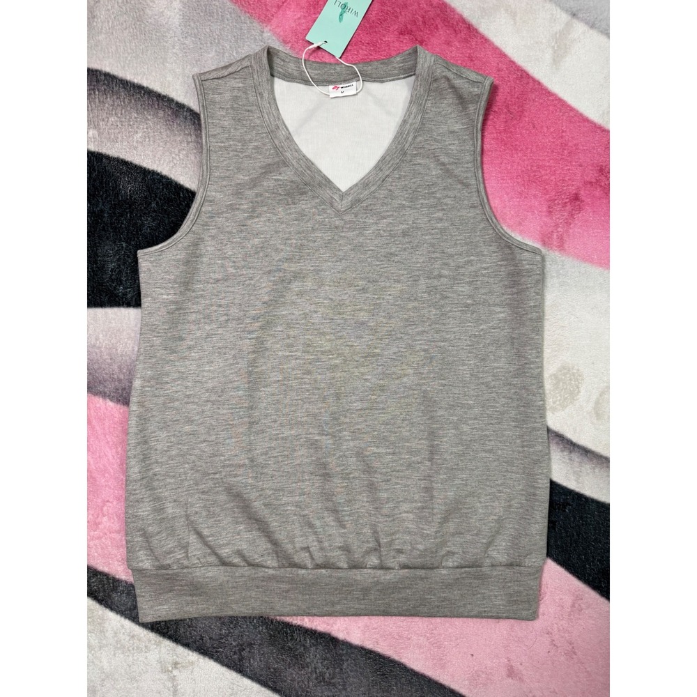 Wiholl Grey V-Neck Sleeveless Sweater Vest Banded Hem Heathered Top Size M NWT